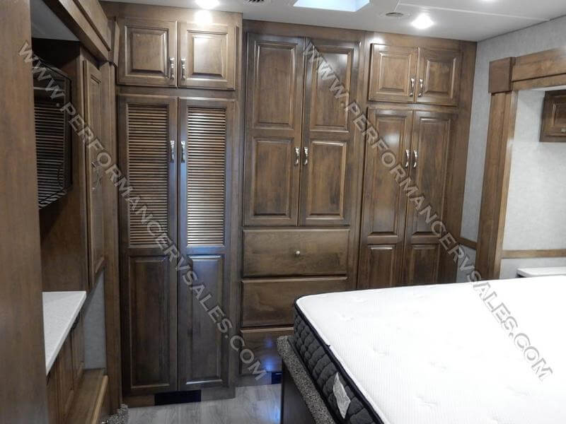 2022 Showhauler Motorhome Conversion 35QQSSL master bedroom storage